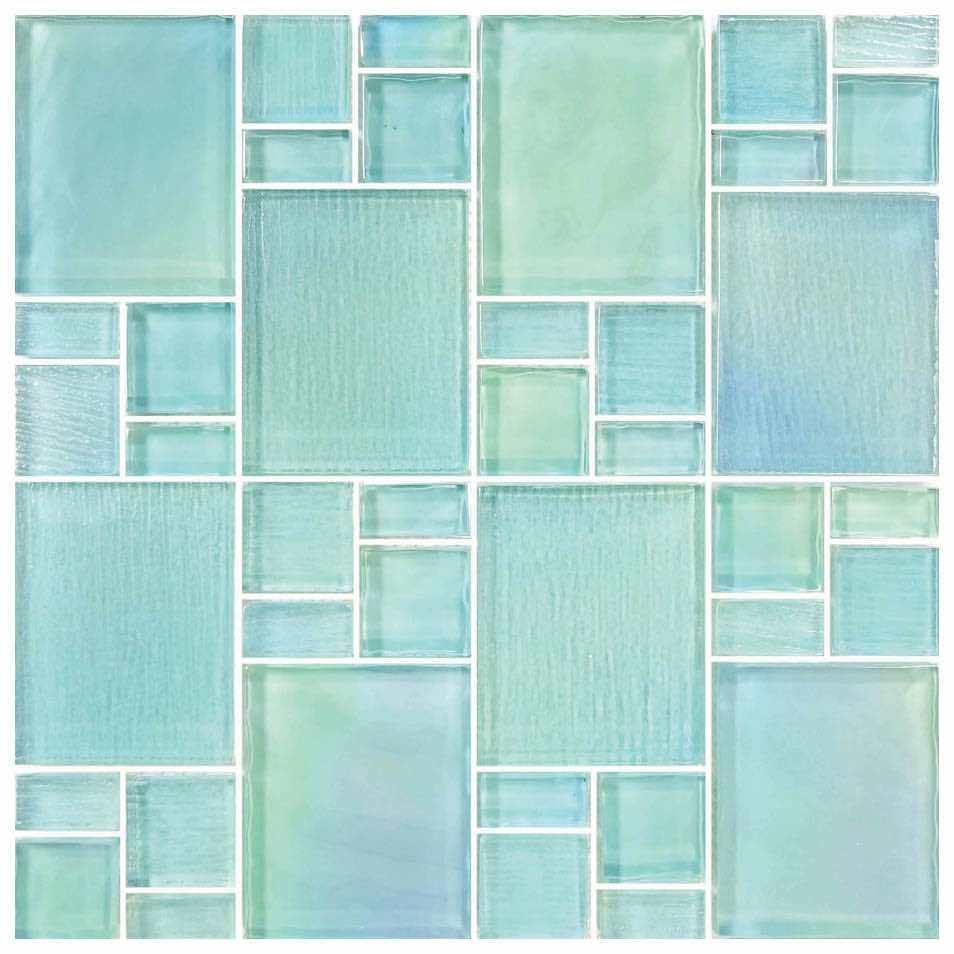 Is the Iridescent Glass Tile French Pattern Seafoam made of recycled glass? Where are these tiles made?