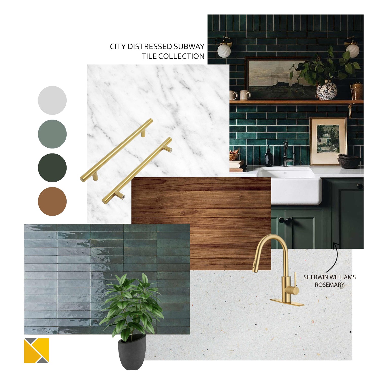 Kitchen Moodboard Design Idea in Green and Warm Tones