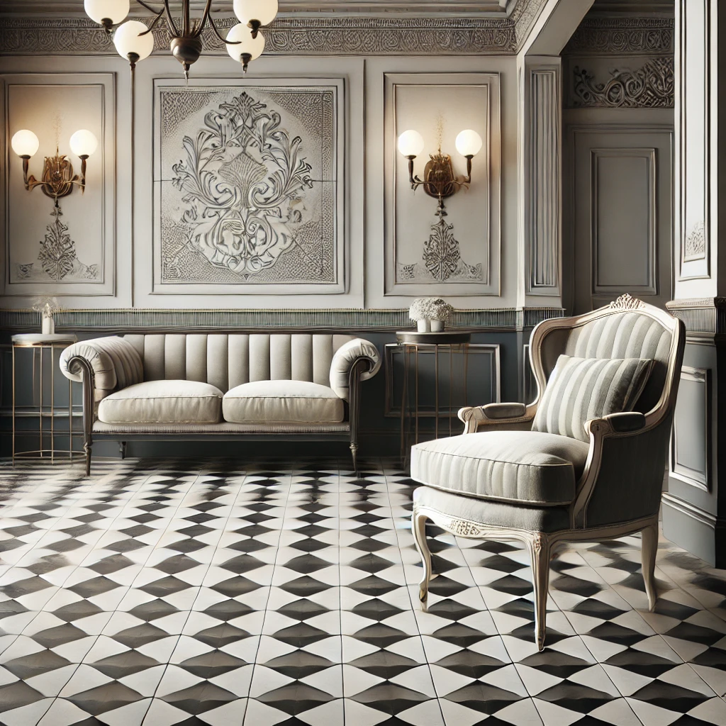 Classic black and white checkered floor tiles in a stylish interior.