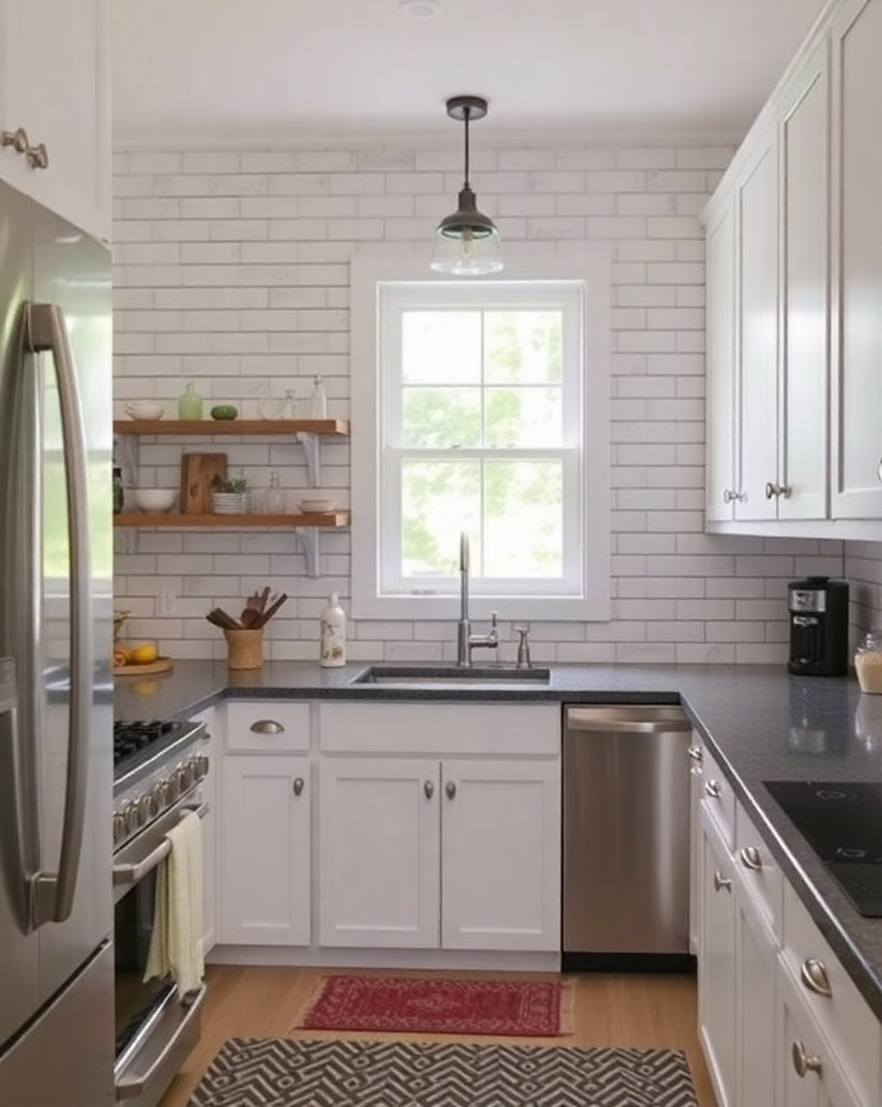 Small kitchen with white distressed subway tile, black countertops, open shelves, and stainless appliances.