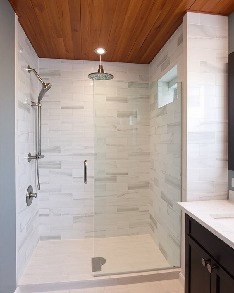  A modern small bathroom shower with marble-look subway tiles, a glass door, and a warm wooden ceiling.