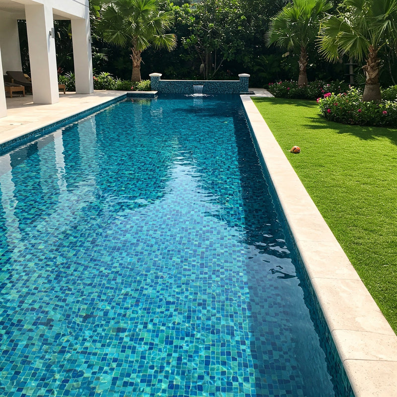 A swimming pool lined with colorful mosaic tiles.