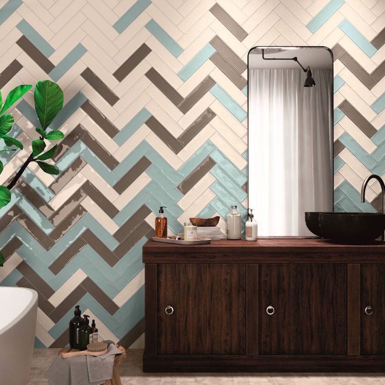 Different Colors Subway Tile Herringbone Pattern on a Bathroom Wall