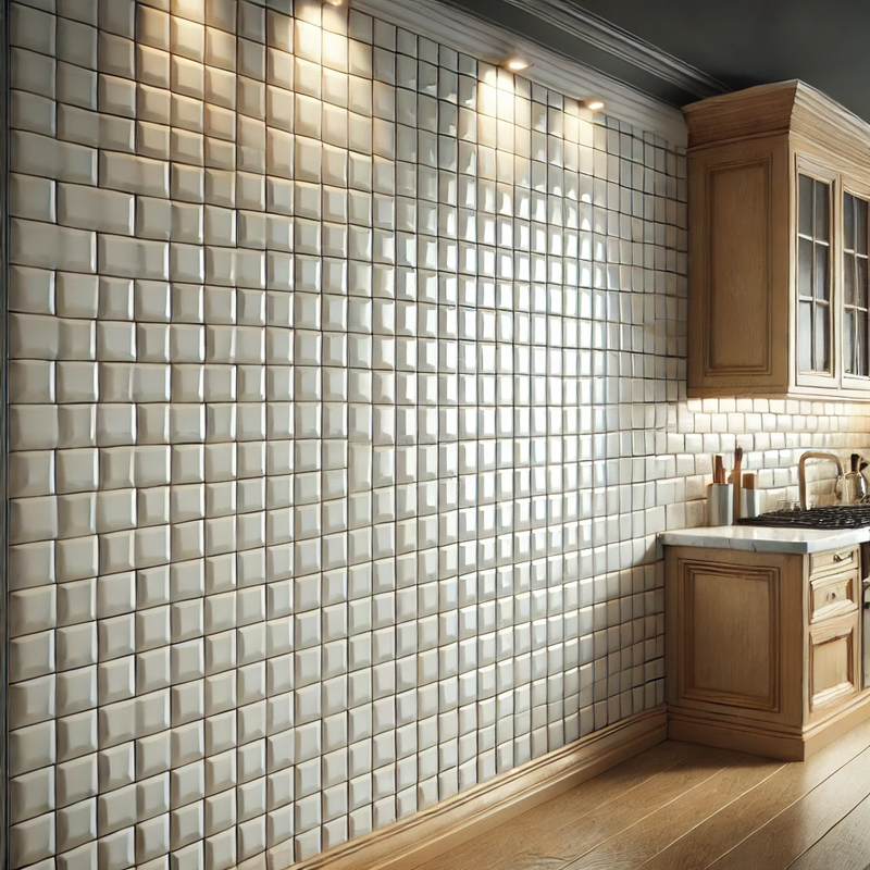 A bright kitchen wall with glossy white subway tiles, wooden cabinets, and a sleek marble countertop.