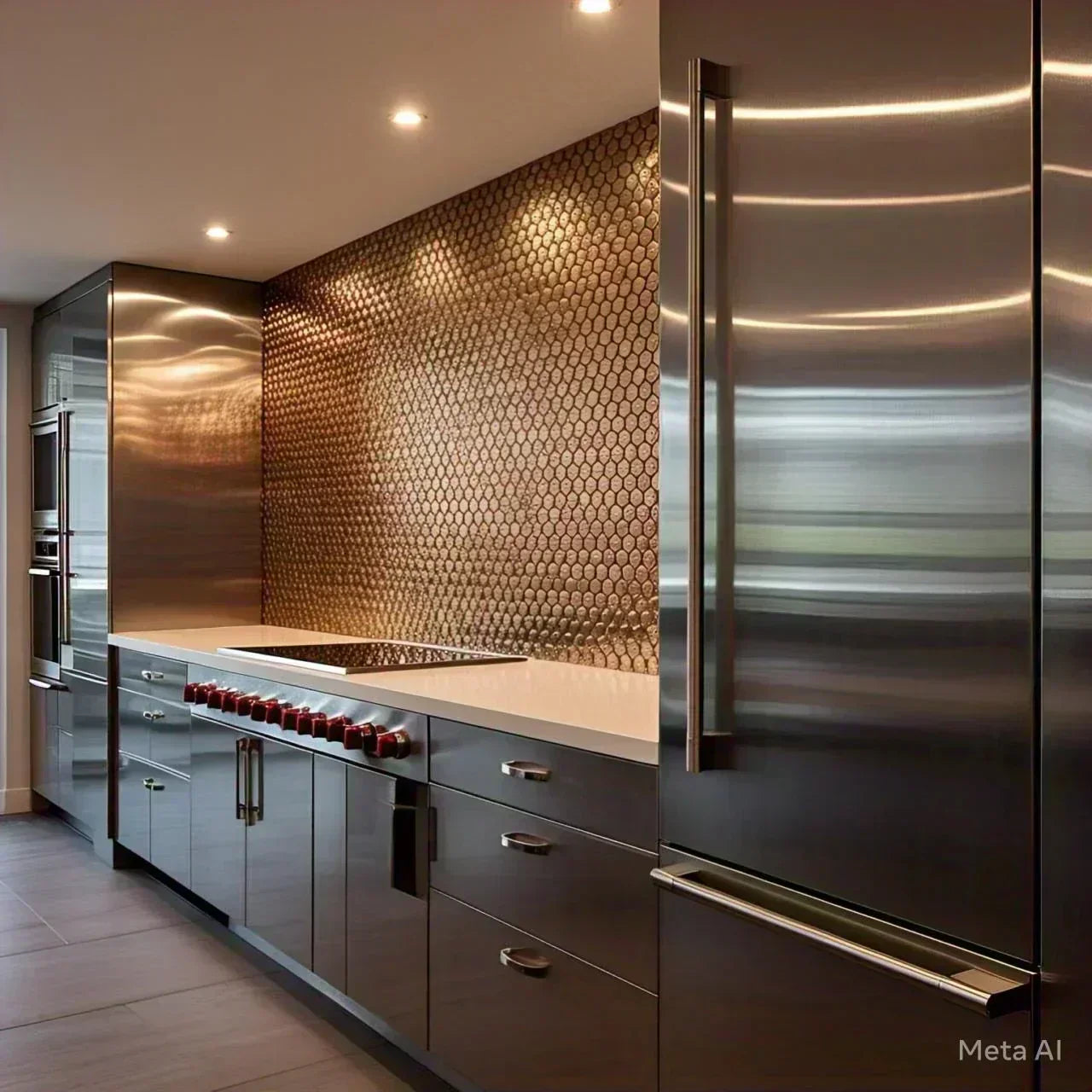 A modern kitchen showcasing a luxurious stainless steel backsplash with a combination of penny round and subway tile designs.