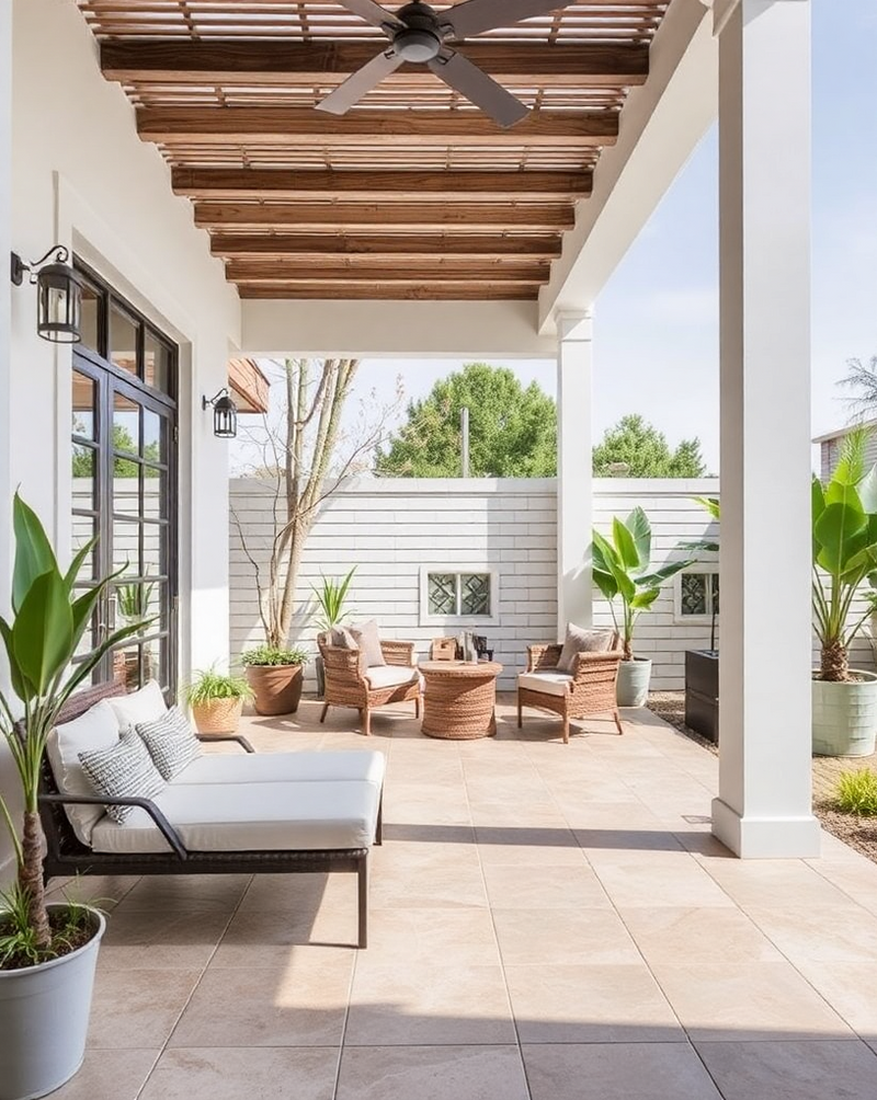 A modern outdoor patio with comfortable seating and durable outdoor flooring.