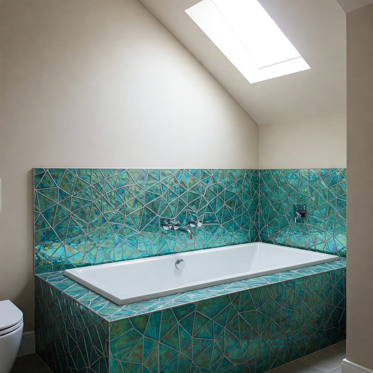 Modern bathroom tub surround with unique tile design.