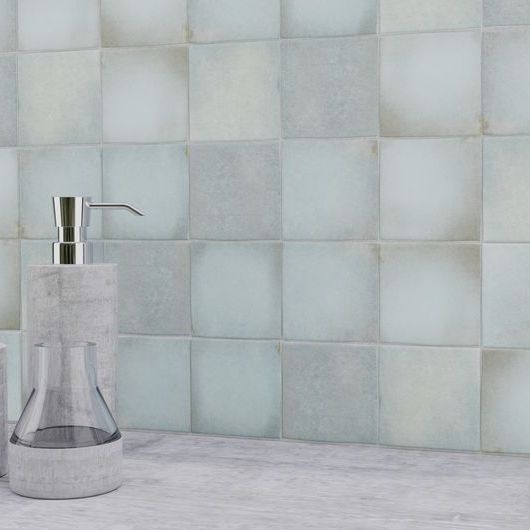 Zellige Heritage Ceramic Distressed Wall Tile Vintage Aqua 4x4 featured on a bathroom