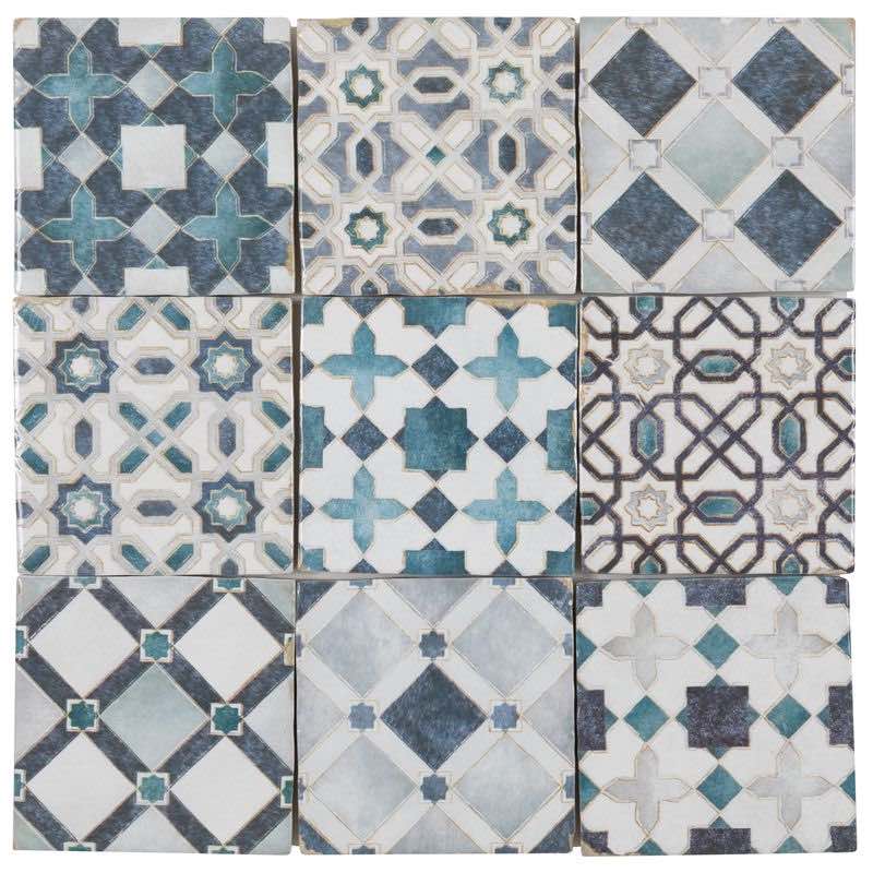 Zellige Heritage Ceramic Distressed Wall Tile Blue Mix 4x4 for bathroom and shower walls