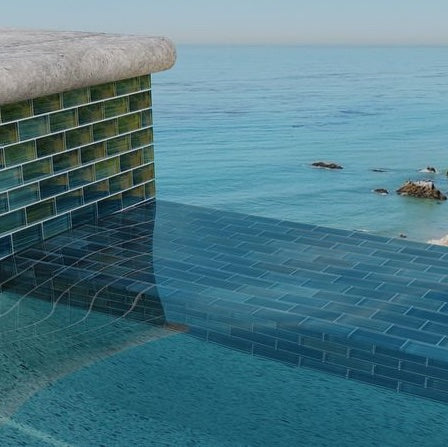 Glass Mosaic Tile Aquarella Aqua 1x2 for Pools and Spas featured on a infinity pool waterline