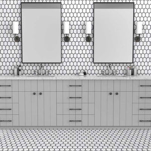 Adorned Hexagon Stone Mosaic Tile Black featured on a bathroom floor and wall