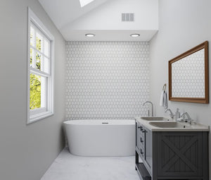 Adorned Hexagon Stone Mosaic Tile Beige featured on a Bathroom wall