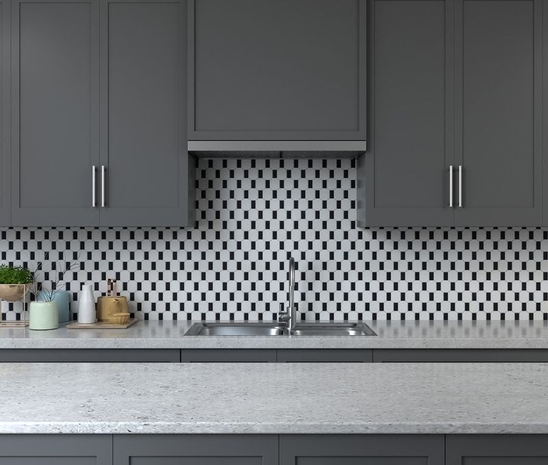 Extended Hexagon Stone Mosaic Tile Black  featured on a farmhouse kitchen backsplash