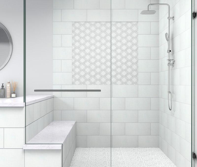 Monarch Stone Mosaic Tile White featured on a shower wall