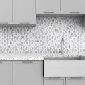 Perspective Blend Stone Mosaic Tile featured on a kitchen backsplash