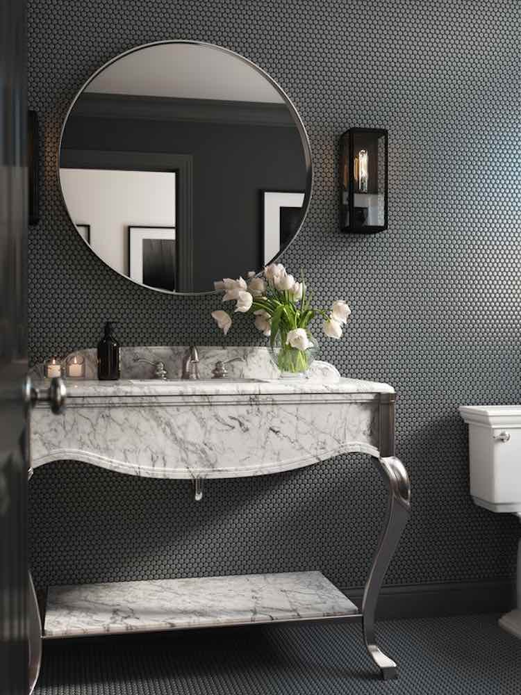 Urbana Penny Grey Matte Porcelain Mosaic Tile featured on a dark grey bathroom floor and wall