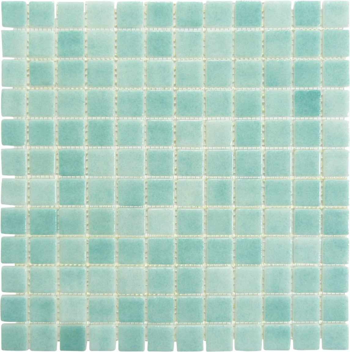 Recycled Glass Mosaic Tile Nieblas Fog Caribbean for Swimming pool including the waterline and spas, kitchen backsplash, bathroom, shower, floor, and walls