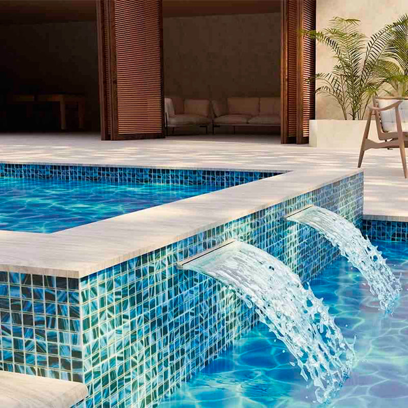 Preserve Recycled Glass Mosaic Tile Bora 1x1 featured on a spa