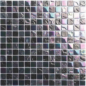 Reflections Iridescent Glass Tile Black 1x1 for swimming pool, including spa, waterline, water feature, kitchen backsplash, bathroom, and shower walls