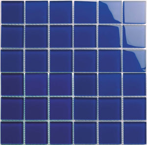 Icy Glass Mosaic Tile Cobalt Blue 2x2 is for swimming pools including spas and waterline, shower walls, bathroom walls, and kitchen backsplashes