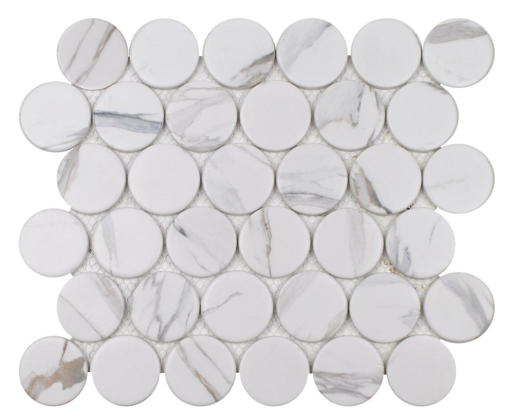 Recycled Glass Mosaic Tile Calacatta Rounded 2-Inch Matte Finish