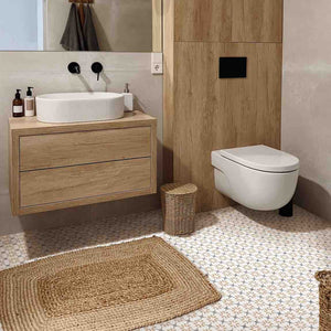 Old Barcelona Encaustic Look Patterned Porcelain Tile 6x6 featured on a warm contemporary bathroom floor