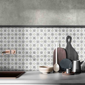 Old Budapest Encaustic Look Patterned Porcelain Tile 6x6 featured on a modern kitchen backsplash