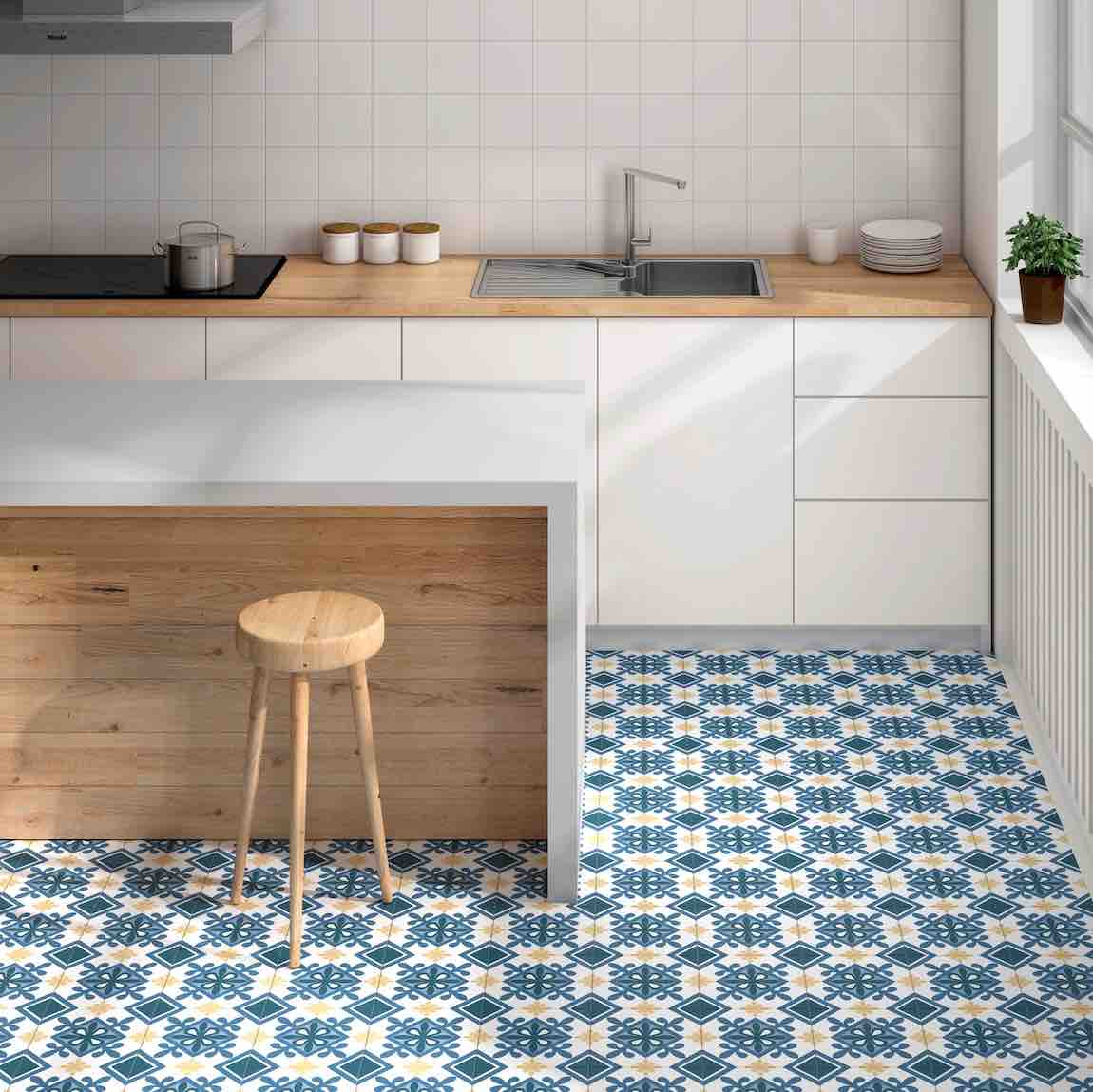 Del Mar Patterned Hydraulic-Look Porcelain Tile Iberian 8x8 featured on a contemporary kitchen floor