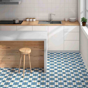 Del Mar Patterned Hydraulic-Look Porcelain Tile Iberian 8x8 featured on a contemporary kitchen floor
