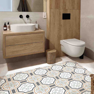 Old London Encaustic Look Patterned Porcelain Tile 6x6 featured on a warm contemporary bathroom floor