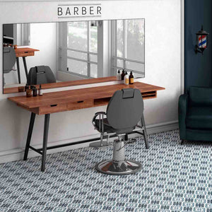 Del Mar Patterned Hydraulic Porcelain Tile Sardinia 8x8 featured on a barber shop floor