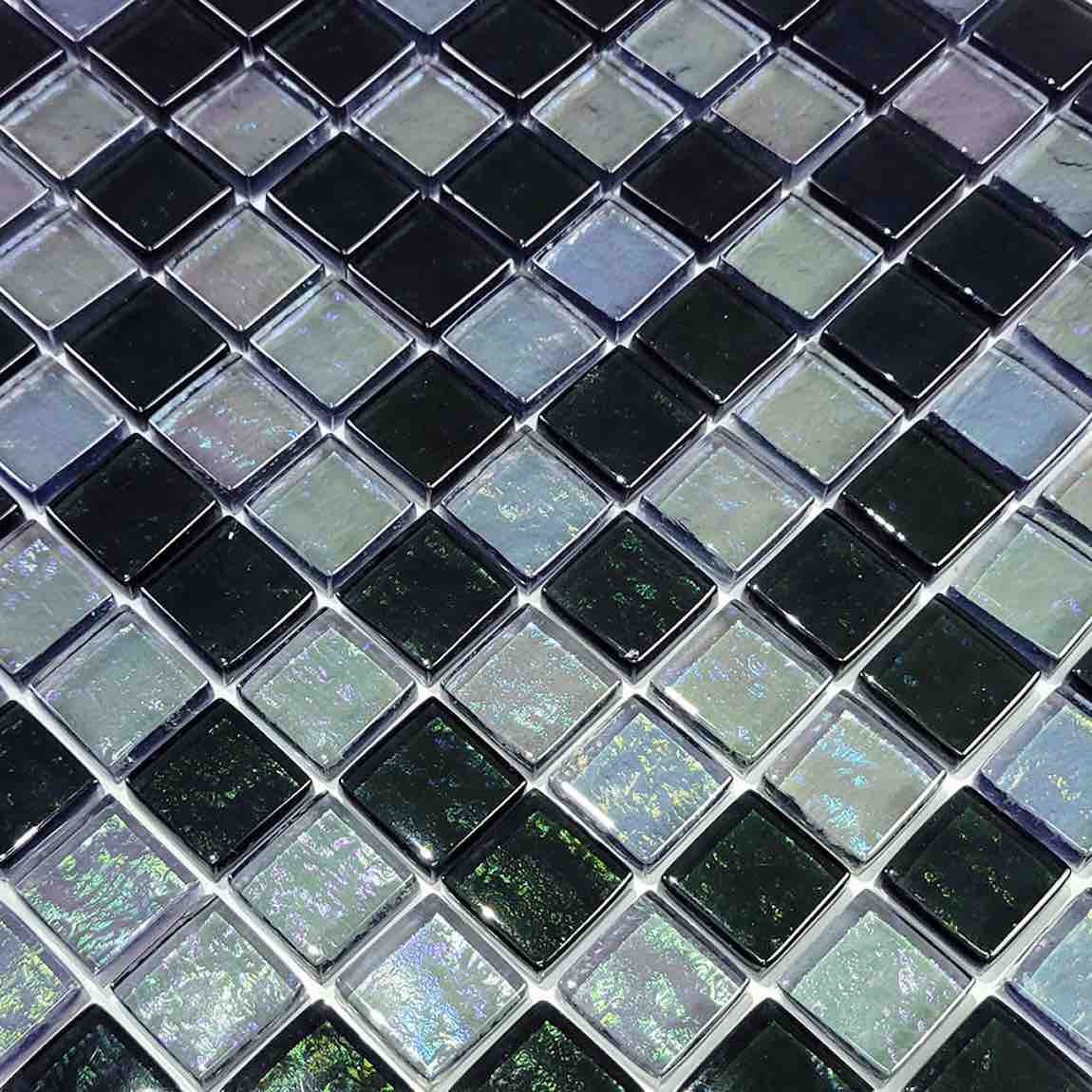 Iridescent Clear Glass Pool Tile Dark Blend 1''x1'' for bathroom and shower walls