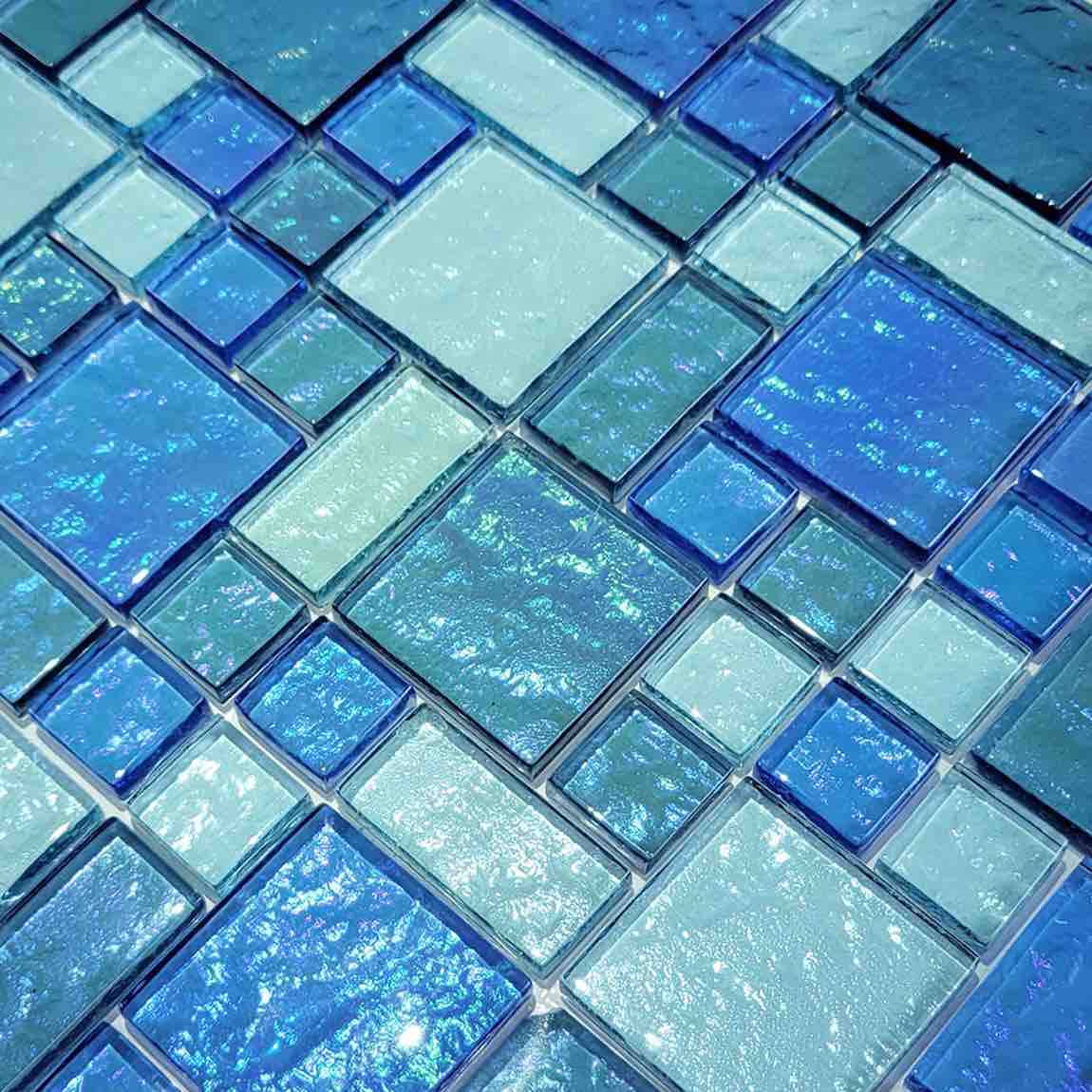 Iridescent Clear Glass Pool Tile Aqua Blend for bathroom and shower walls