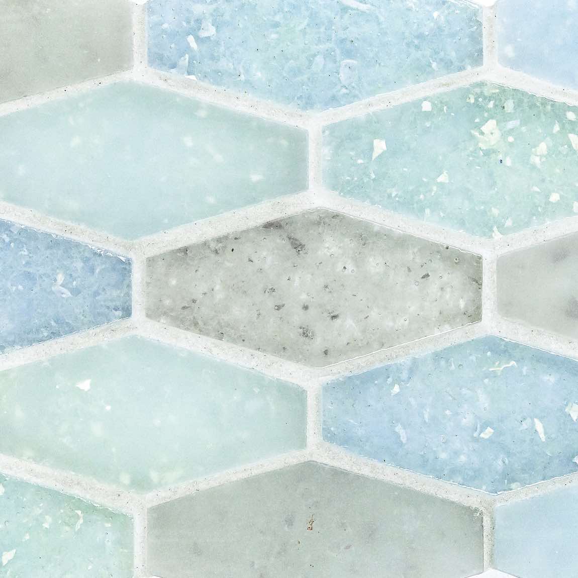 Fluid Elongated Hex Glass Tile Y Blend Small for kitchens, bathrooms, showers, and pools