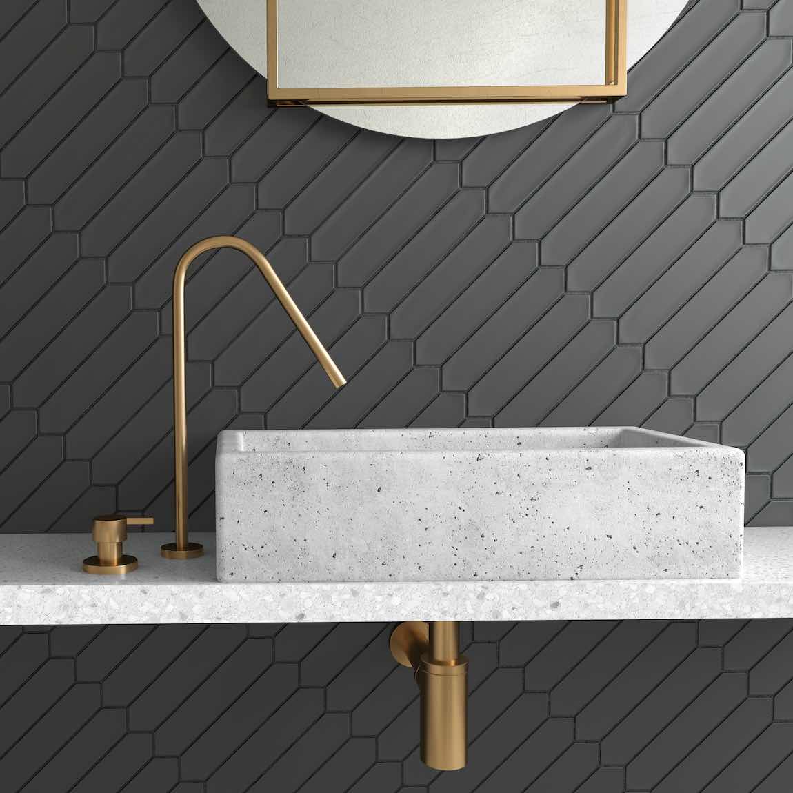 Picket Tile Arrow Black 2x10 features on a modern bathroom wall with black grout