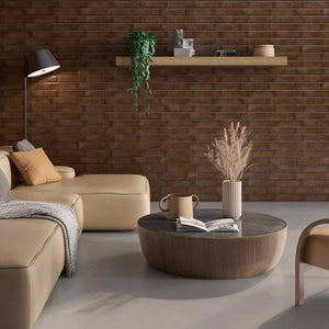 Brick Ceramic Wall Tile Fire 3x12 featured on a living room accent wall
