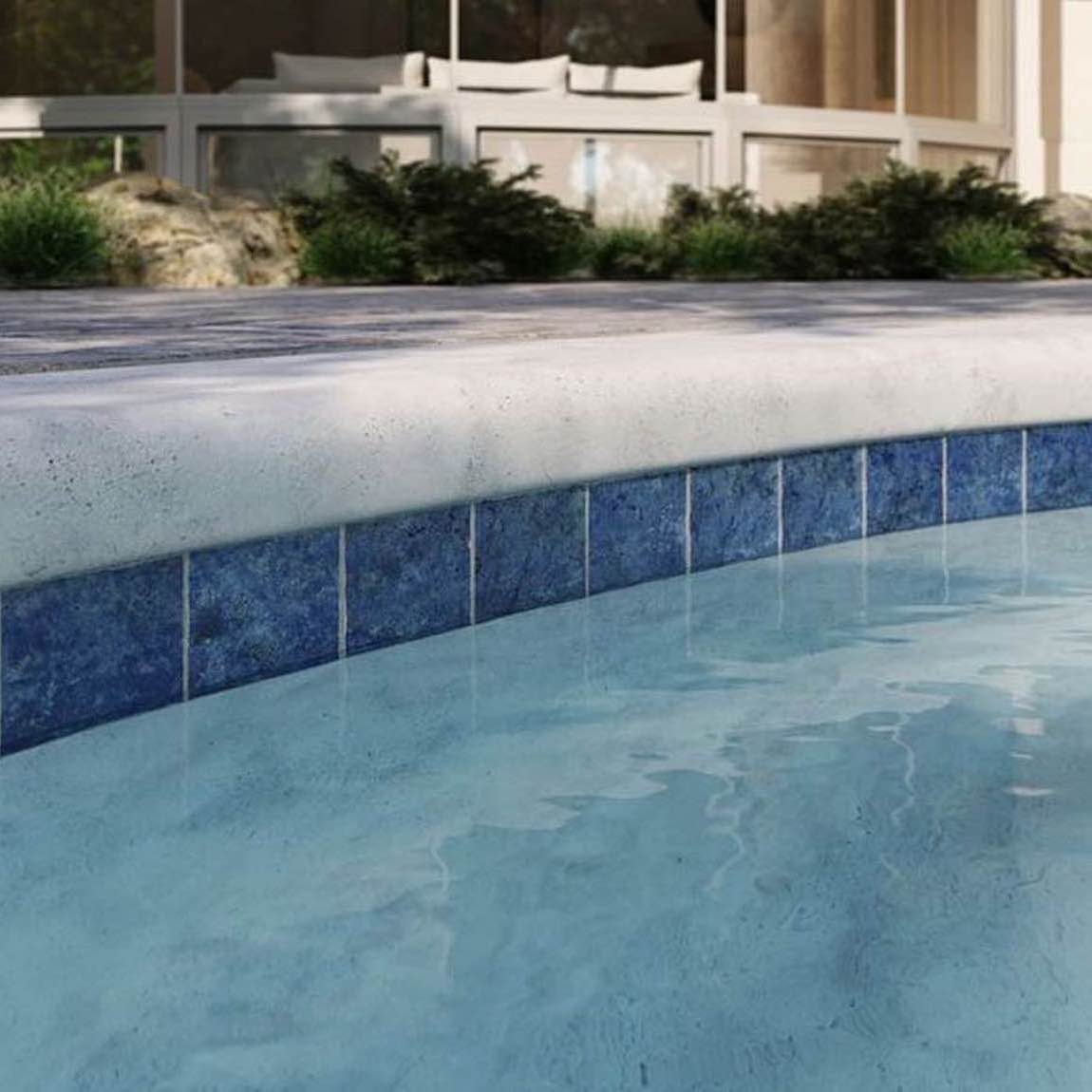 Deep Blue Waves Porcelain Pool Tile 6x6 featured on a pool waterline