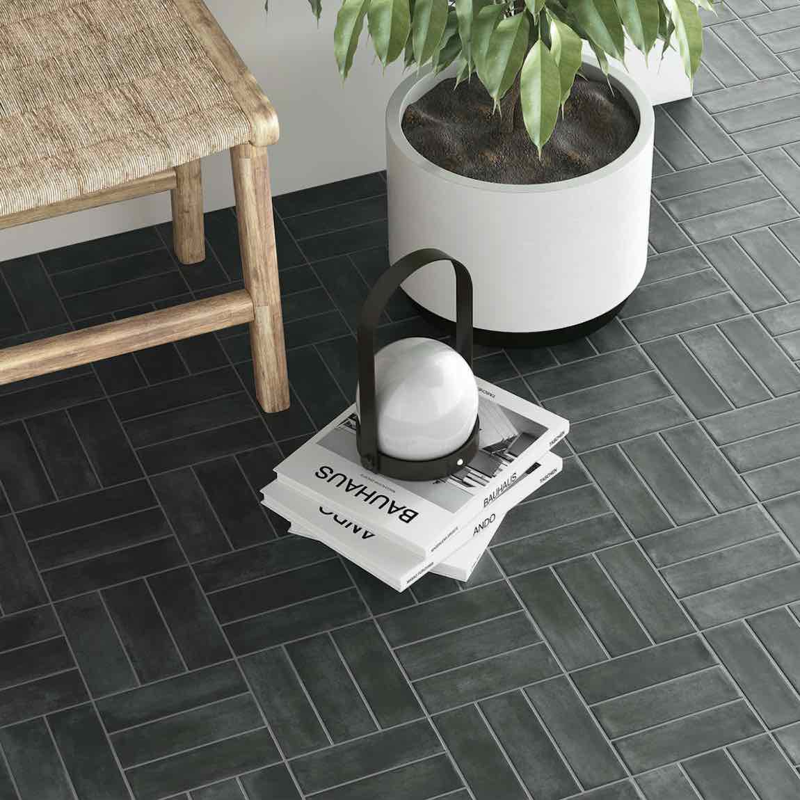 Organic Style Subway Tile Graphite 2x6 featured on a foyer floor