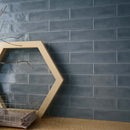 Handcrafted Muted Blue 3x12 Ceramic Wall Tile featured on a backsplash