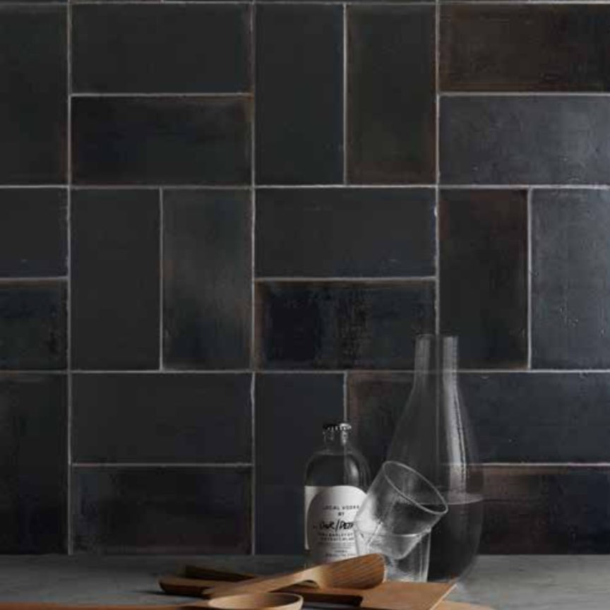 Artigianale Ceramic Tile 4x8 Nero Matte featured on a kitchen backsplash