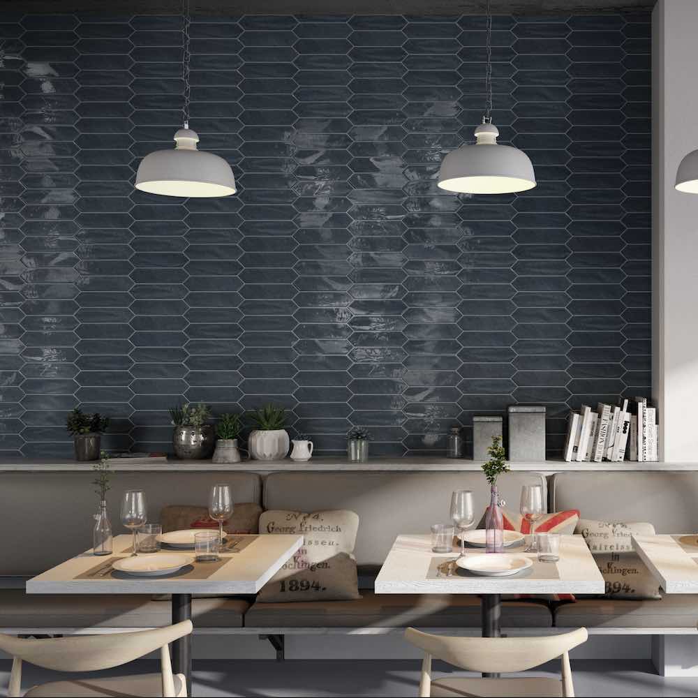 Urban Navy Glossy 3x12 Picket Ceramic Wall Tile featured on a restaurant wall