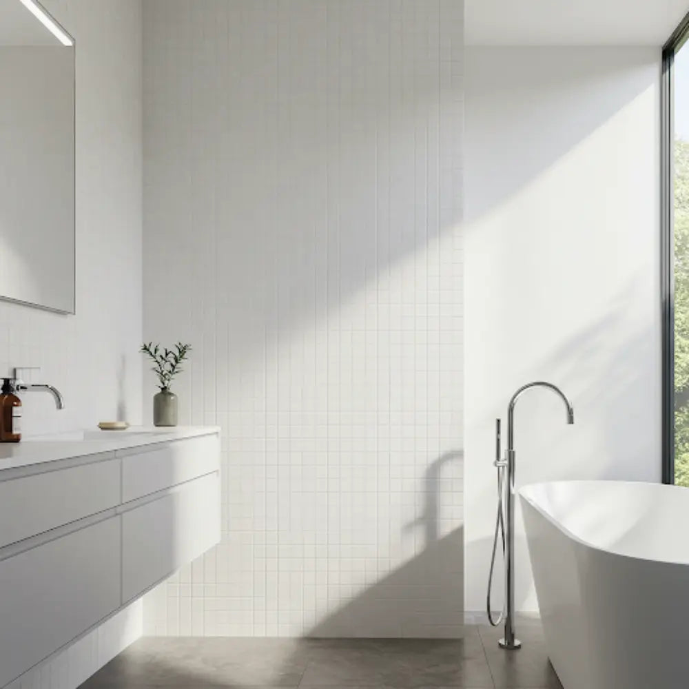 White Matte Porcelain Mosaic Tile adorning the walls of a stylish bathroom for a sleek look.