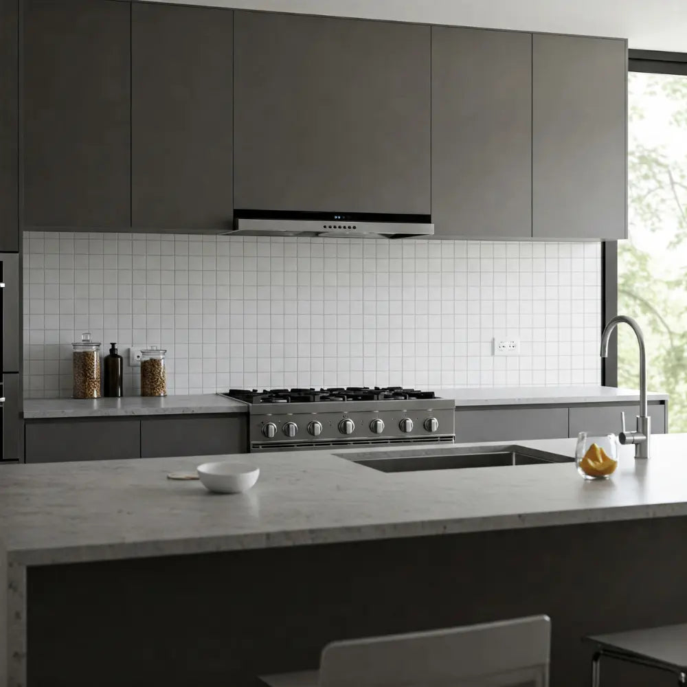 White Matte Porcelain Mosaic Tile used as a backsplash in a modern kitchen design