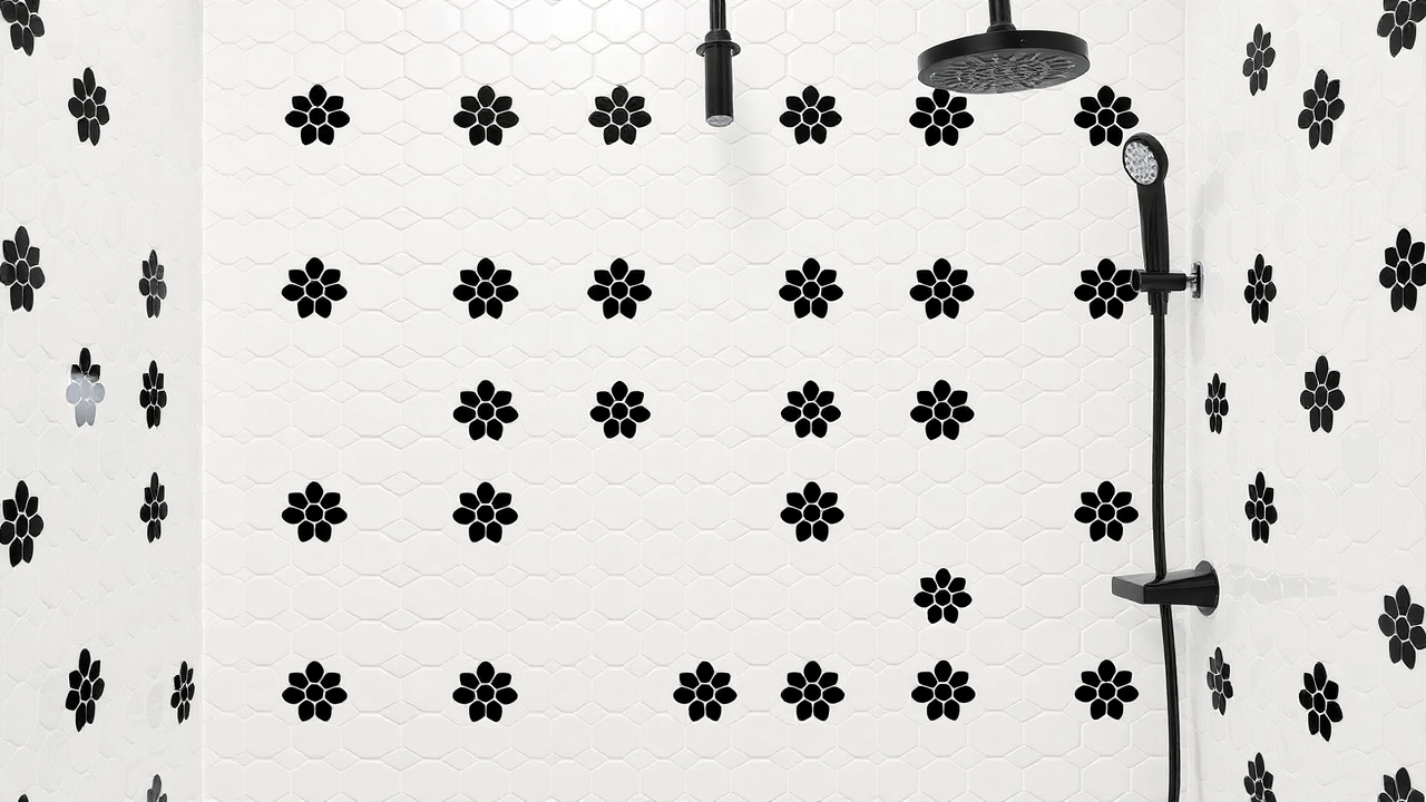 Hexagon Flower Porcelain Mosaic Tile Black White