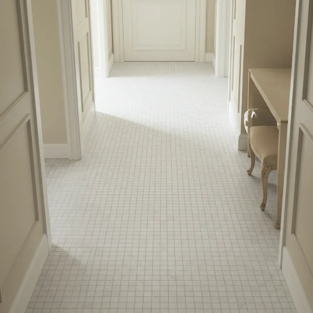 White Matte Porcelain Mosaic Tile flooring in the entrance area, creating a welcoming and sophisticated first impression