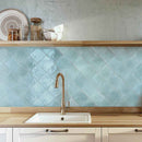 Zellij Distressed Porcelain Tile Aqua 6x6 featured on a kitchen backsplash