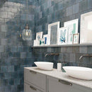 Zellij Distressed Porcelain Tile Blue Lake 6x6 featured on a bathroom wall