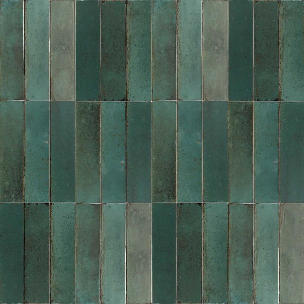 Zellij Distressed Subway Tile Rainforest 2.8x11 vertically installed for bathroom, shower, and backsplash