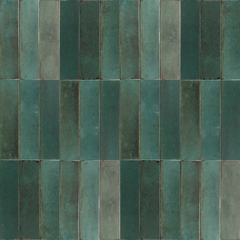 Zellij Distressed Subway Tile Rainforest 2.8x11 vertically installed for bathroom, shower, and backsplash