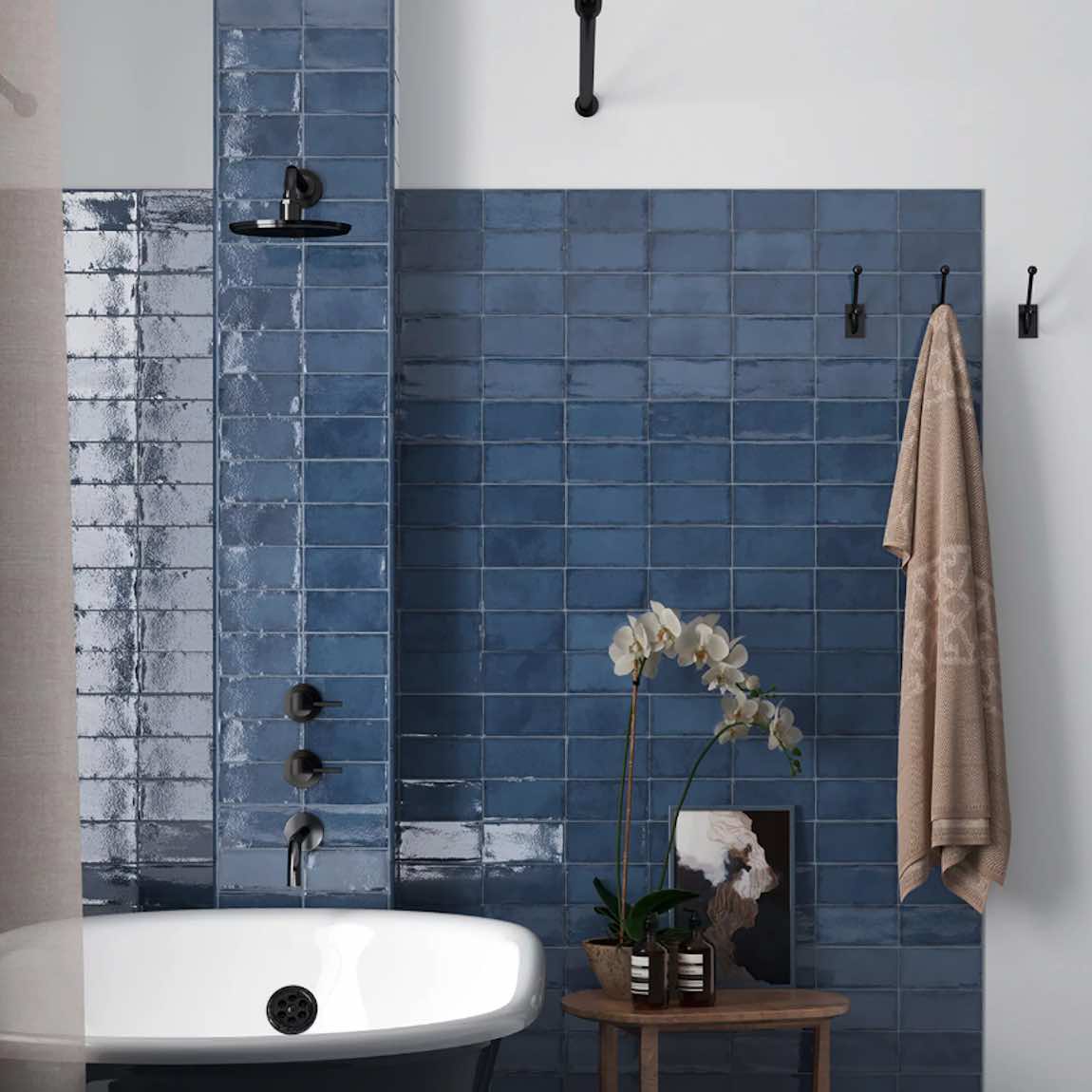 Farmhouse Subway Tile 3x6 Thistle Blue installed on a shower and bathroom wall